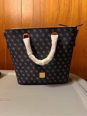 Dooney & Bourke Navy Logo Tote with Tan Leather Trim